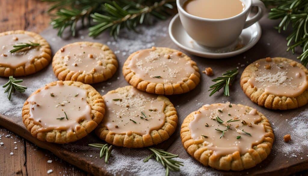 Nahaufnahme von Salzkaramell-Butterplätzchen mit Rosmarin und Karamellfüllung auf einem rustikalen Holzbrett.