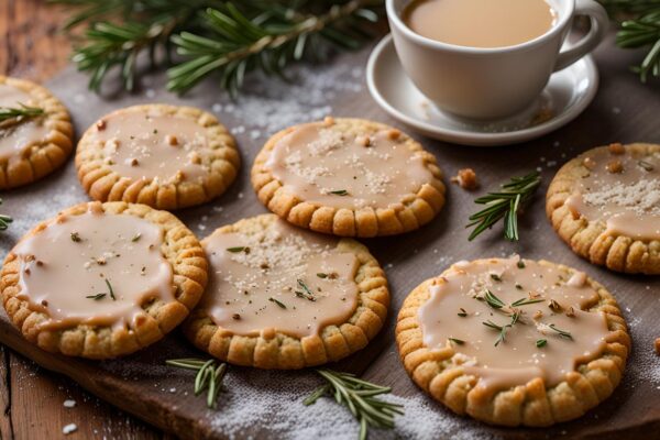 Nahaufnahme von Salzkaramell-Butterplätzchen mit Rosmarin und Karamellfüllung auf einem rustikalen Holzbrett.