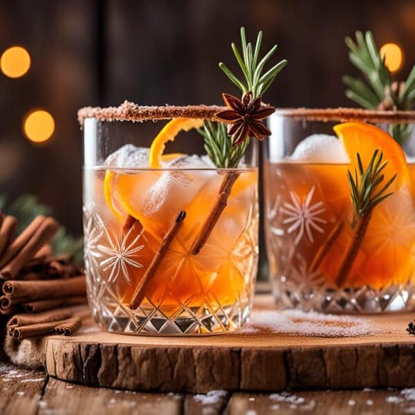 Winter Wonderland Old Fashioned – Ein Cocktail mit Bourbon, Ahornsirup, Orangenzeste und Zimtstange, dekoriert mit einem angebrannten Rosmarinzweig.